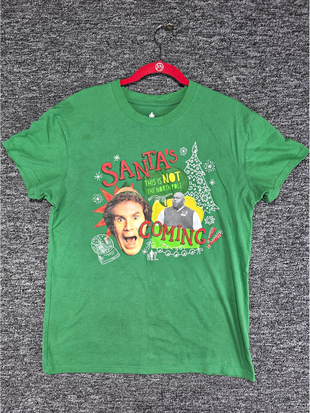 Elf Buddy the Elf Santa's Coming Green Graphic Crew Neck Short Sleeve Tee M